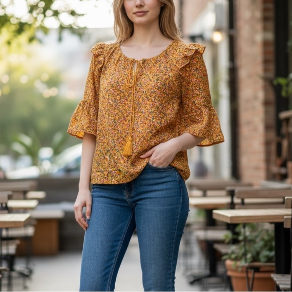 W5 CONCEPTS Women's Top Peasant Sleeve Blouse Floral Medium  Yellow